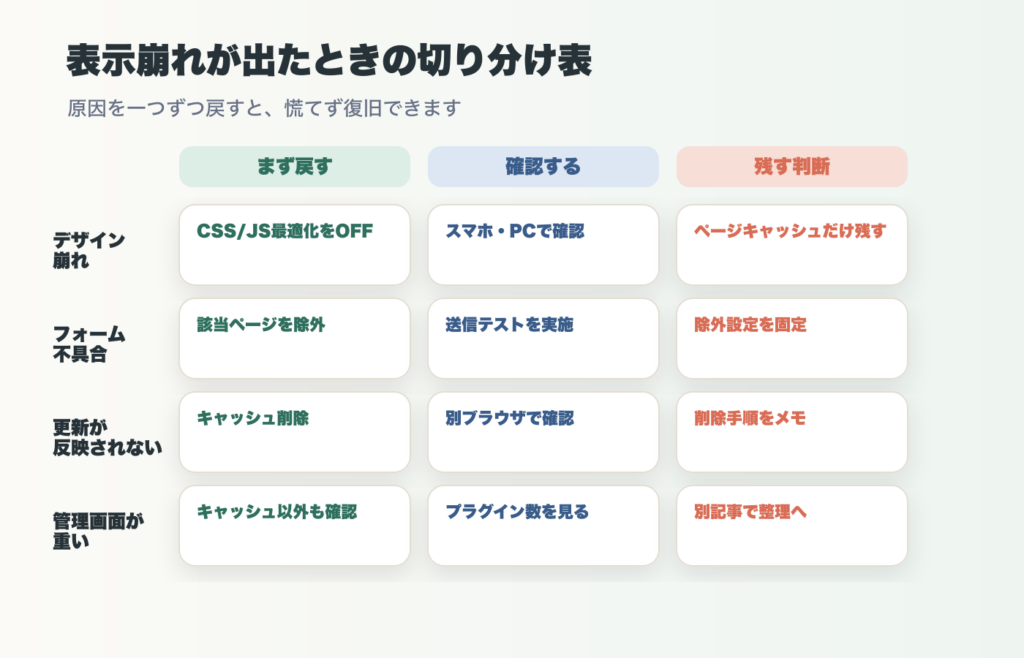 WordPressキャッシュ設定で表示崩れやフォーム不具合が起きたときの切り分け表