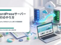 WordPressサーバー移行でバックアップ、テスト移行、DNS切り替え、最終確認を進めるイメージ