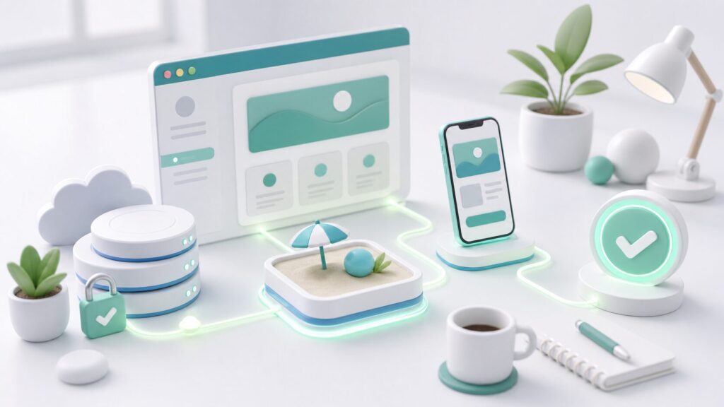 WordPressテーマ変更前にバックアップ、テスト環境、スマホ表示、最終確認を行う3D風イメージ