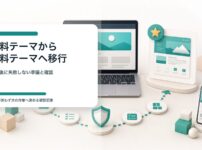 WordPress無料テーマから有料テーマへ安全に移行するための3D風イメージ