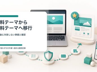 WordPress無料テーマから有料テーマへ安全に移行するための3D風イメージ