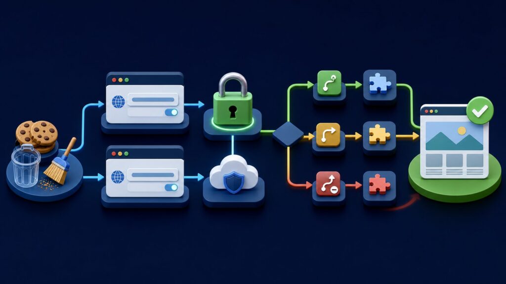 CookieとURL設定とHTTPSと転送規則を順に確認して正常表示へ戻す流れ