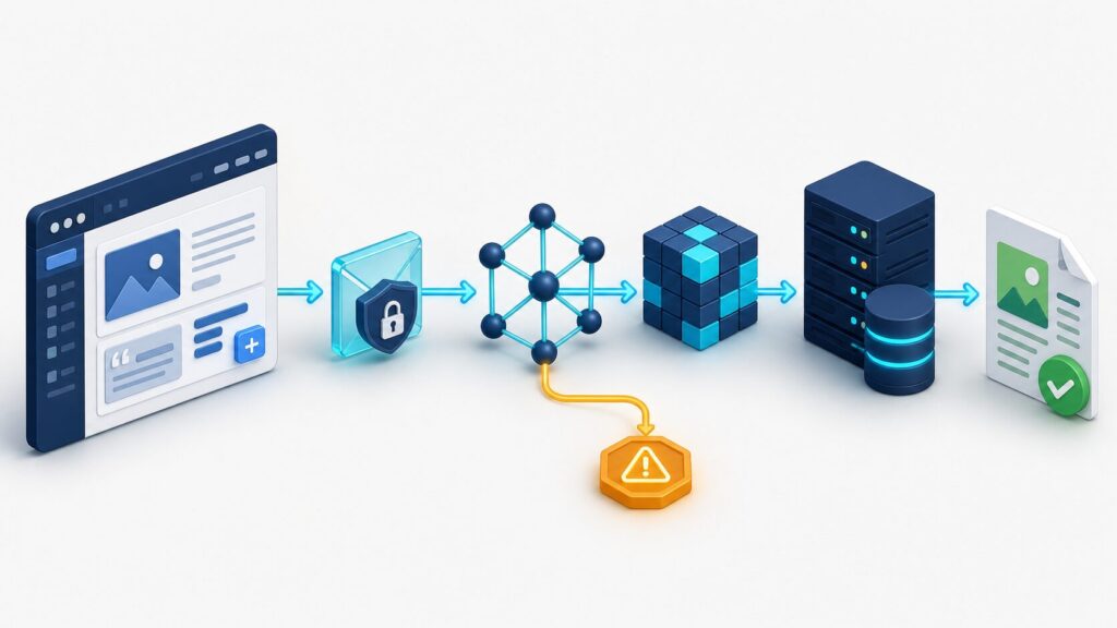 ブロックエディターからREST APIを経由して記事を保存する通信の流れ