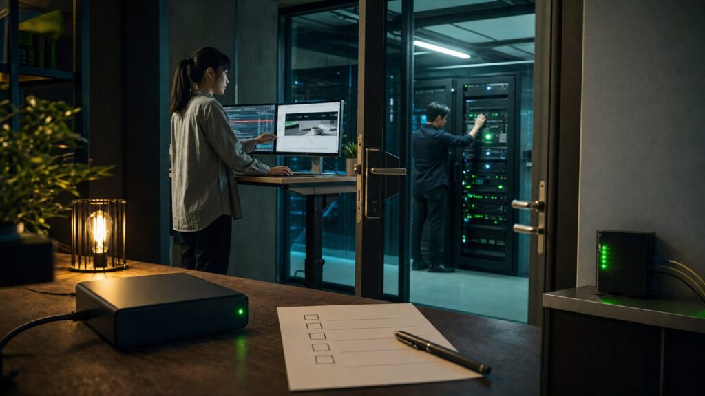 バックアップを確認しながら504エラーから安全に復旧する担当者