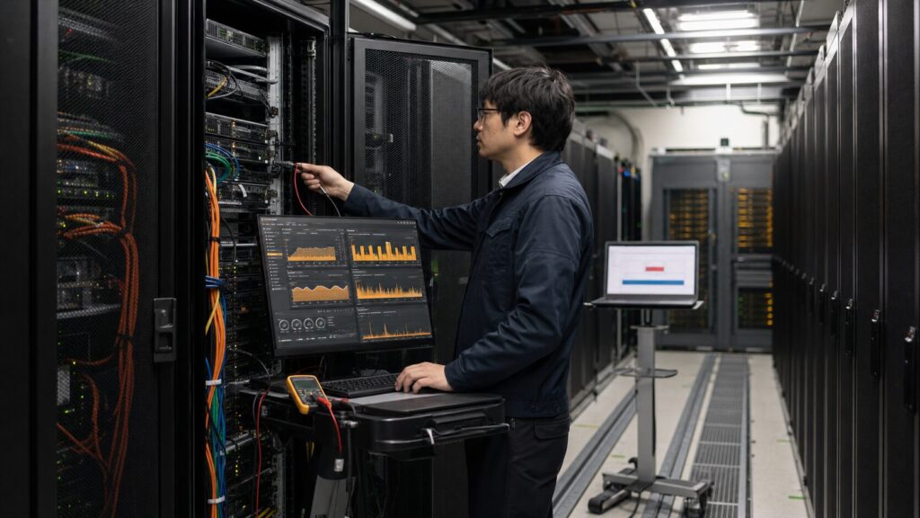 サーバーラックの前で遅いバックエンド処理を調査する技術者