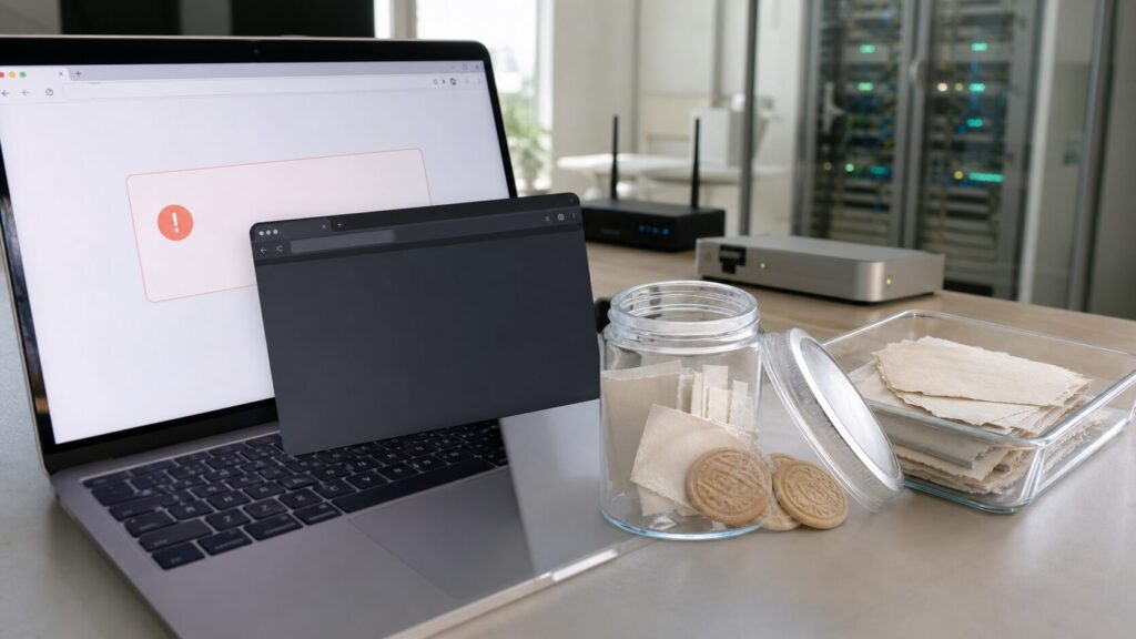 ブラウザのCookieとキャッシュを整理して400エラーを確認するイメージ