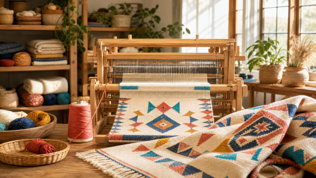 問題の糸を分離し安定した模様を織り直す木製織機