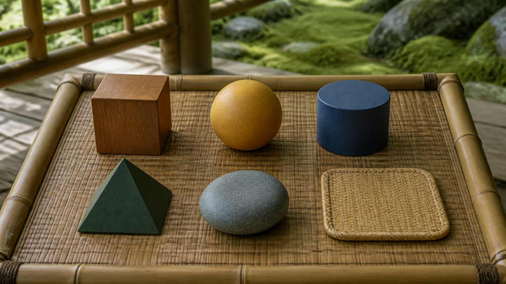 竹の検査台にアクセス元を表す小物と丸石と編み札が並ぶ場面
