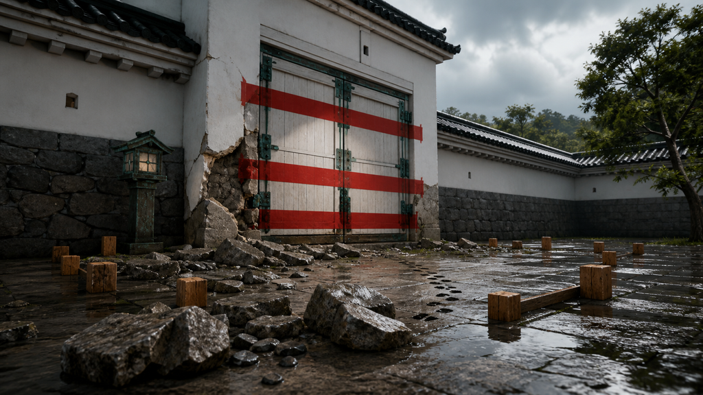 破損した入口を閉鎖し周囲の痕跡を保全した雨上がりの石造り中庭