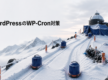 WordPressの定期処理を雪山の信号観測所で復旧する様子を表した画像
